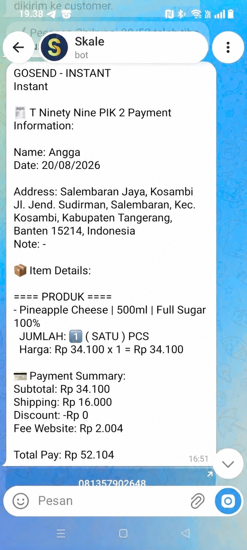 Contoh pesan order WhatsApp dengan nomor yang telah dianonimkan