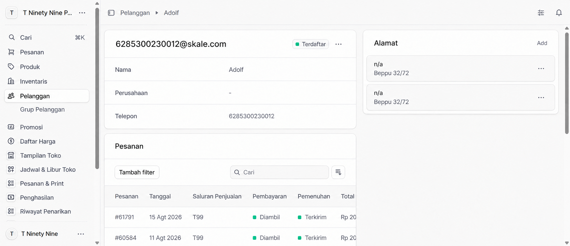 Dashboard POS Skale dengan nomor customer contoh 6285300230012
